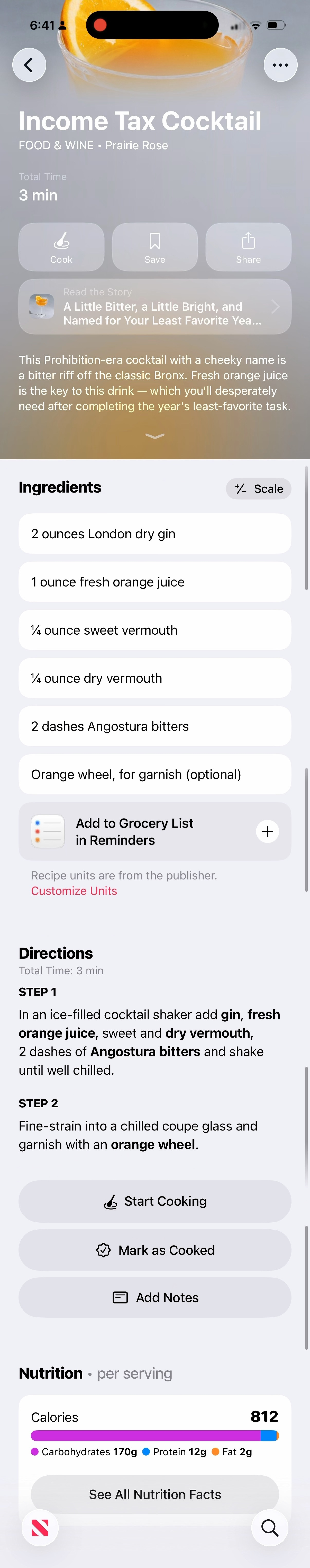 An Income Tax Cocktail recipe is displayed, listing ingredients, directions, and nutrition facts. Most importantly the nutritional facts state this cocktail has 12 grams of protein. Obviously it is inaccurate.