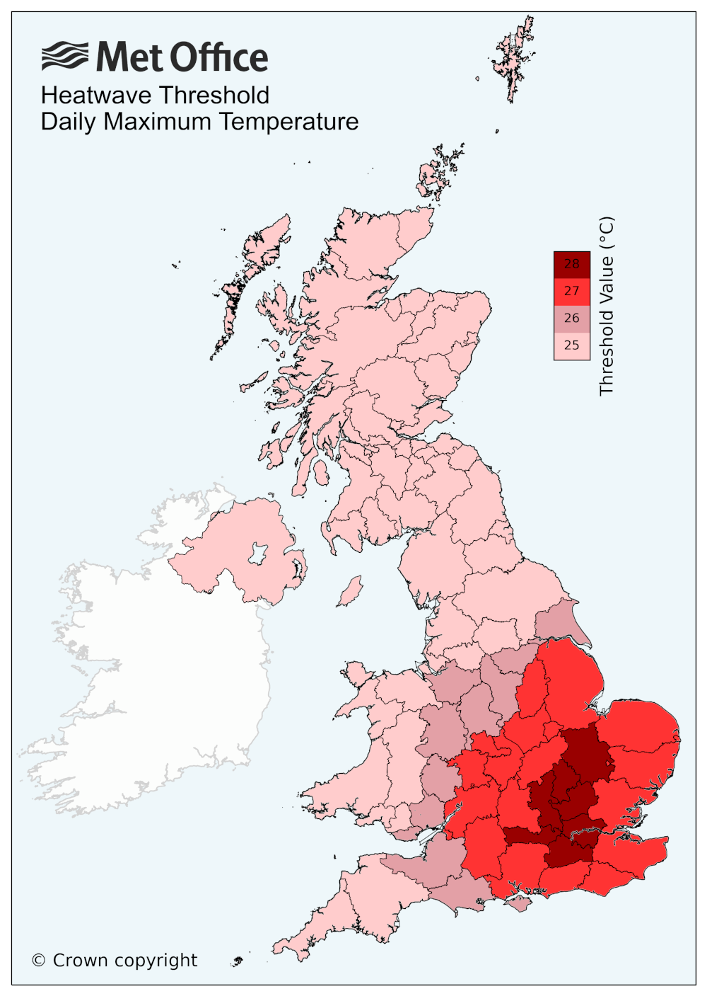 UK map showing the minimum temperature required for a heatwave to be declared in each county