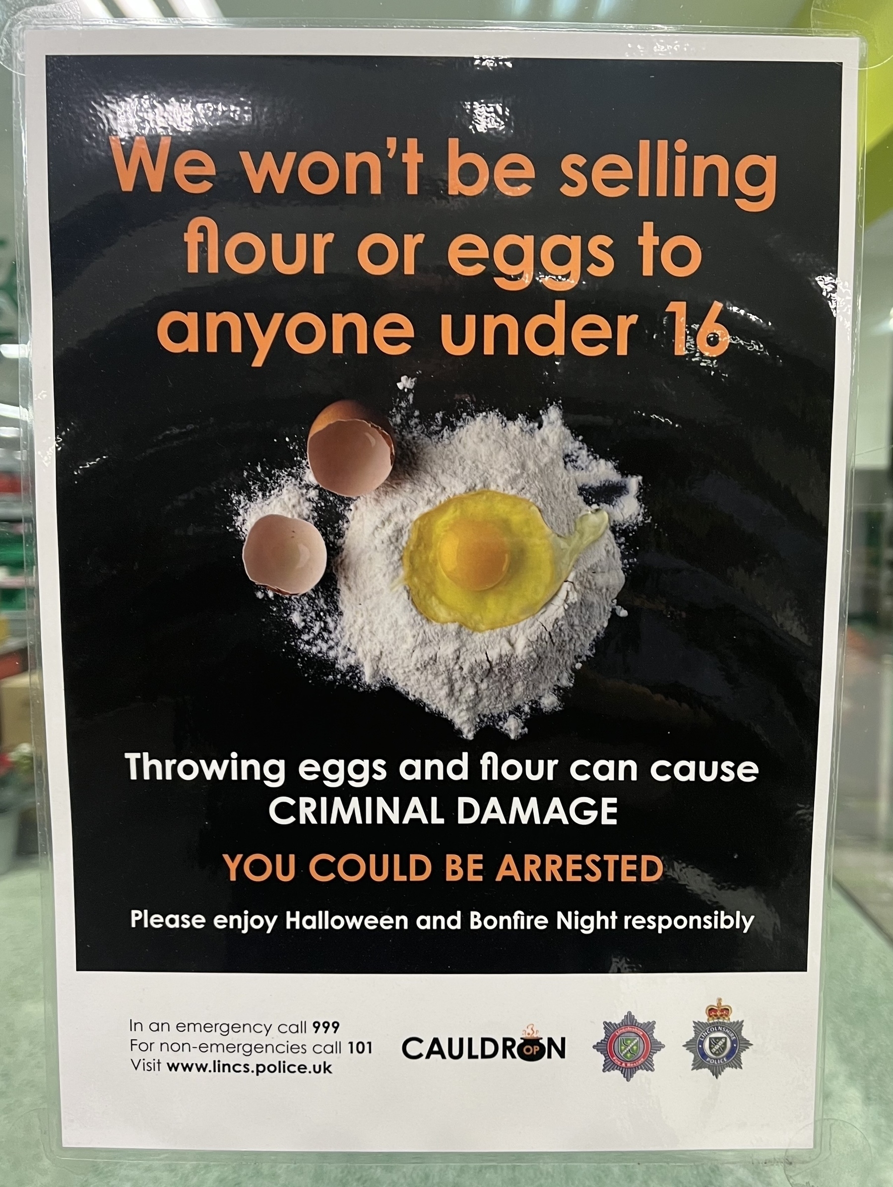 Poster refusing sale of eggs or flour to people under 16 years old