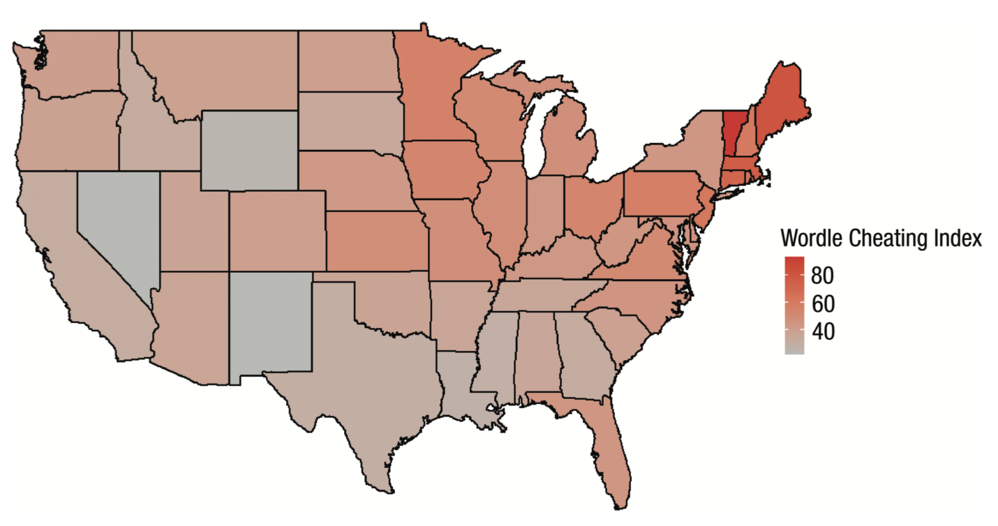 US states coloured based on their Wordle cheating index