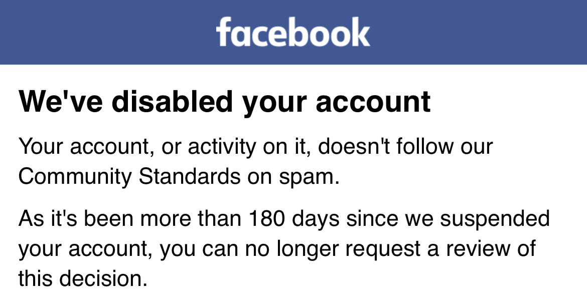 Facebook message indicating account has been disabled
