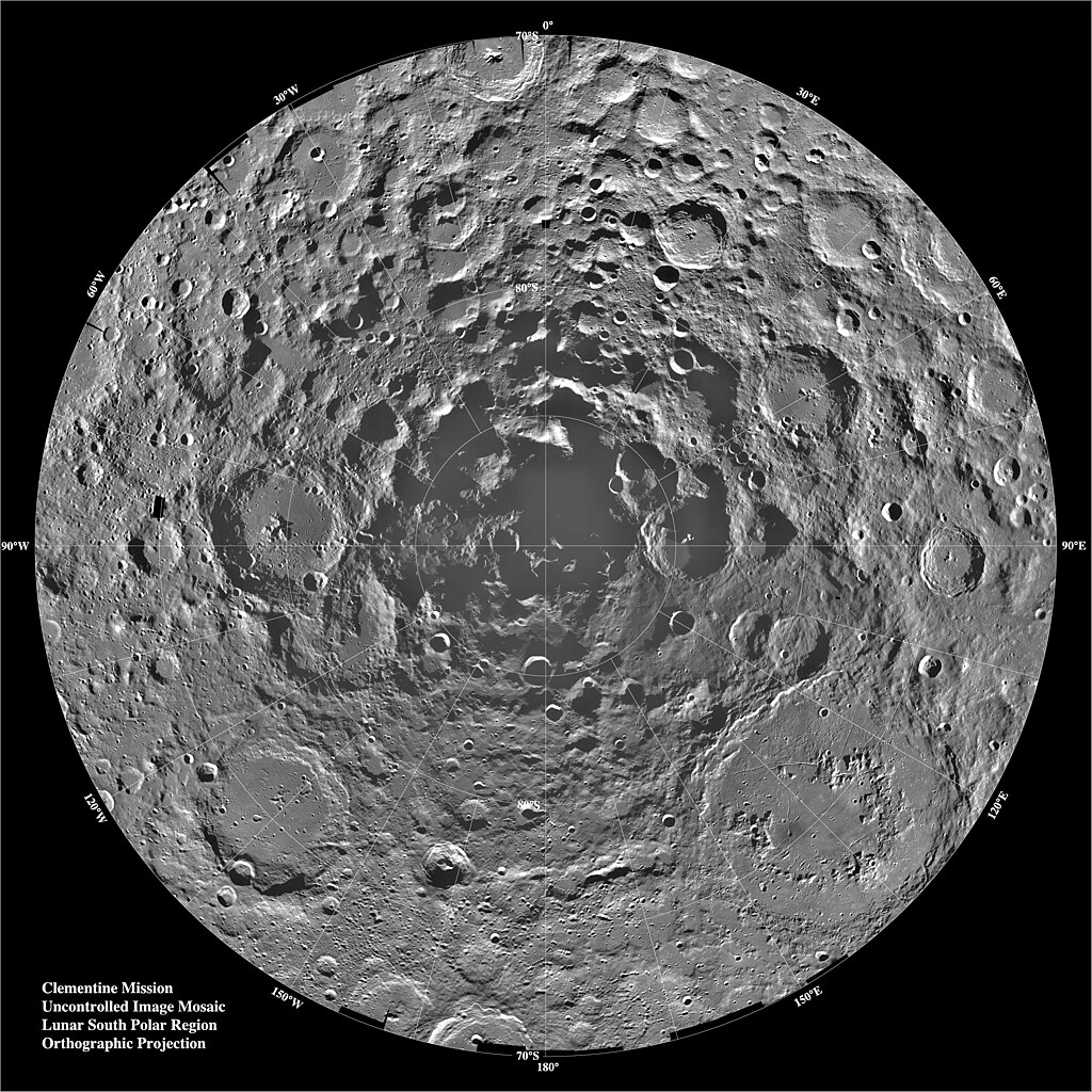 Image of the moon's south pole, taken by the Clementine spacecraft