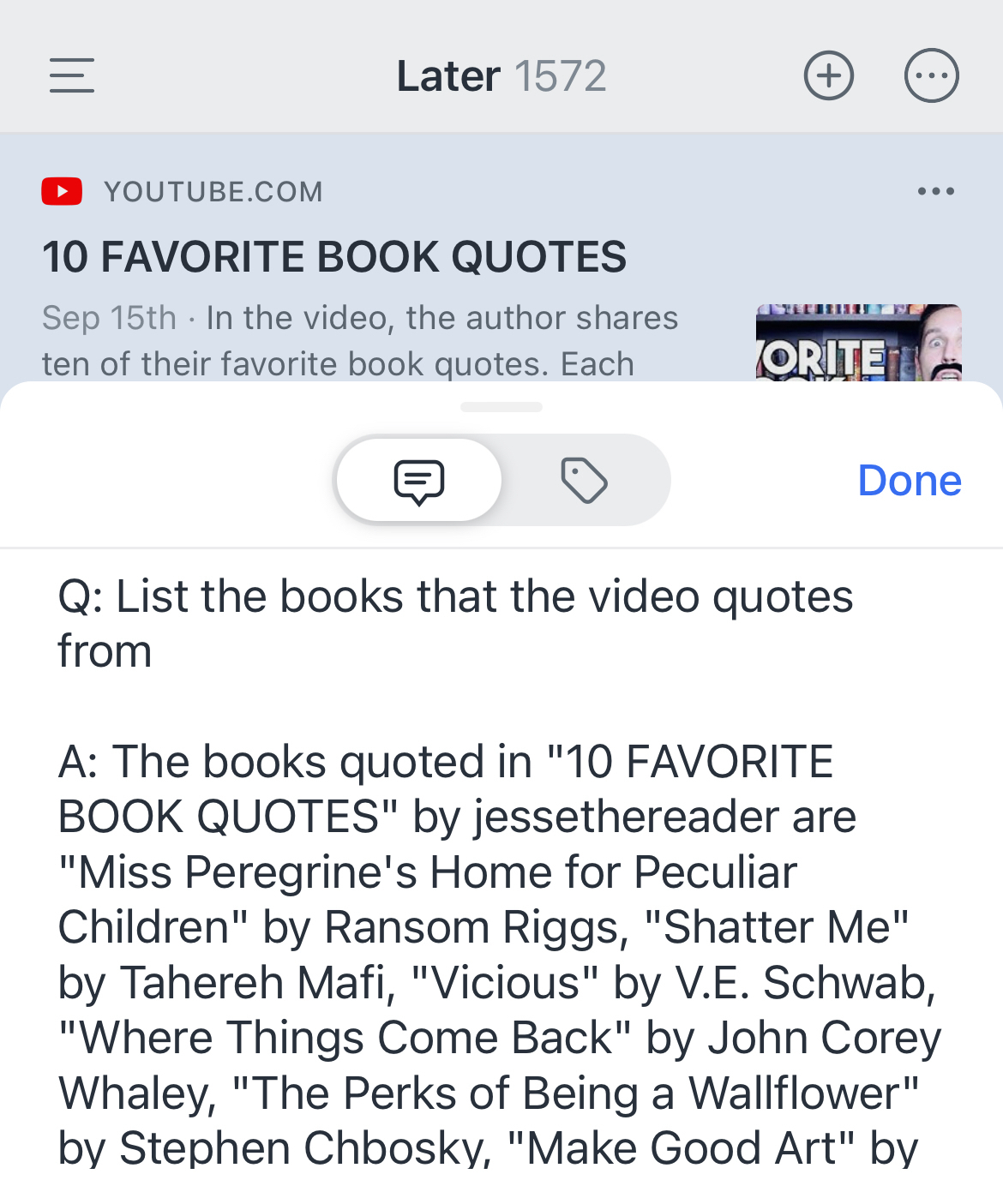 A screenshot of a video titled 10 Favorite Book Quotes and a Readwise reader Ghostwriter result listing the books quoted in that video.