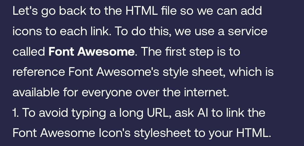 A question asking you to add icons using Font Awesome by linking its stylesheet to an HTML file.