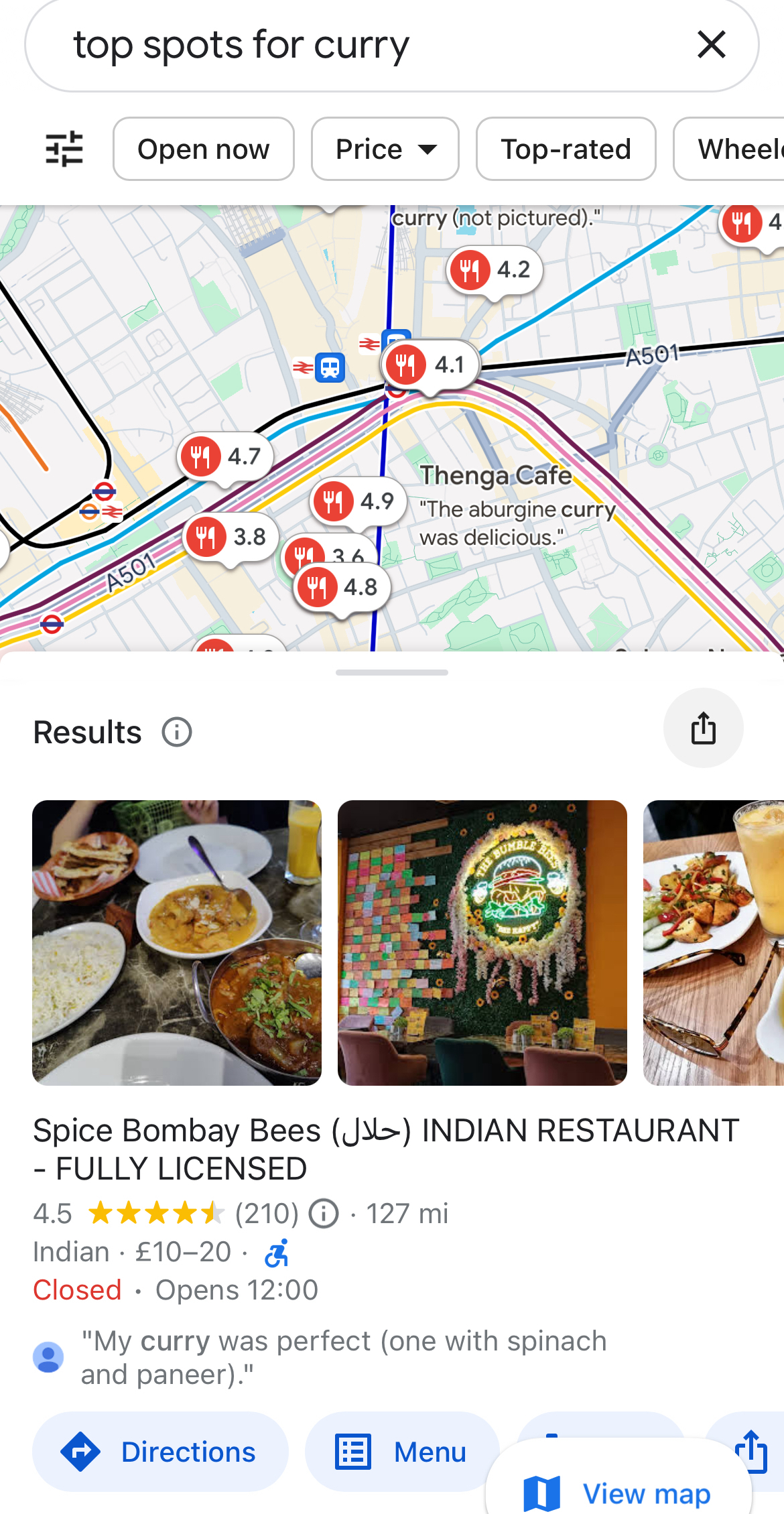 A Google maps search result shows a highly-rated Indian restaurant alongside a map with markers and reviews for curry spots.