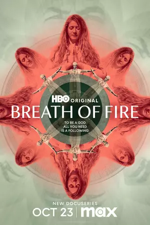 Auto-generated description: A promotional poster for the HBO Max docuseries Breath of Fire features mirrored images of people in meditative poses, accompanied by the release date, October 23.