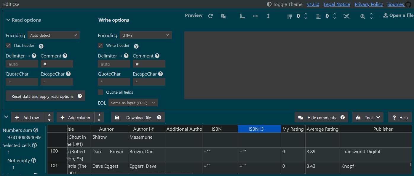 Screenshot of a CSV file being edited