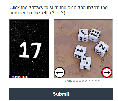 A CAPTCHA shows the number 17 on the left and five dice on the right, with the goal checking whether the dice sum to 17