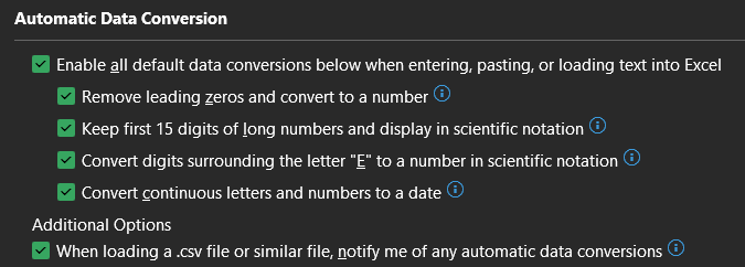 Screenshot of Excel options