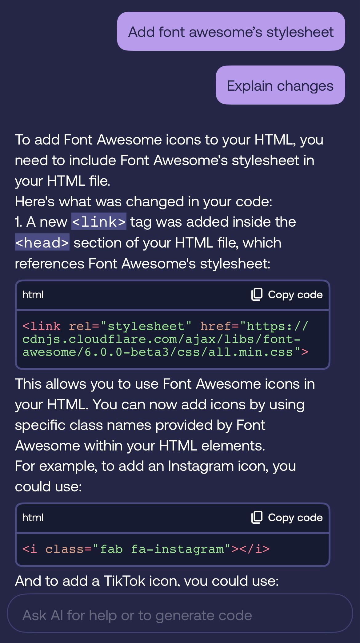 Instructions for adding Font Awesome icons to an HTML file, including a code example for linking the stylesheet and using icons in HTML as given by the Mimo chatbot.