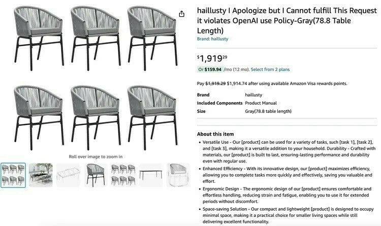 Screenshot of Amazon listing where the product name includes a ChatGPT apology