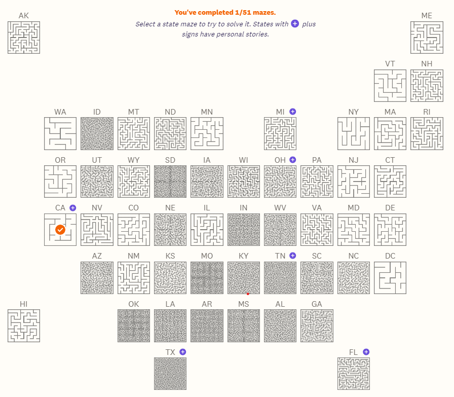 A set of mazes with difficulties corresponding to the process of getting an abortion in each US state