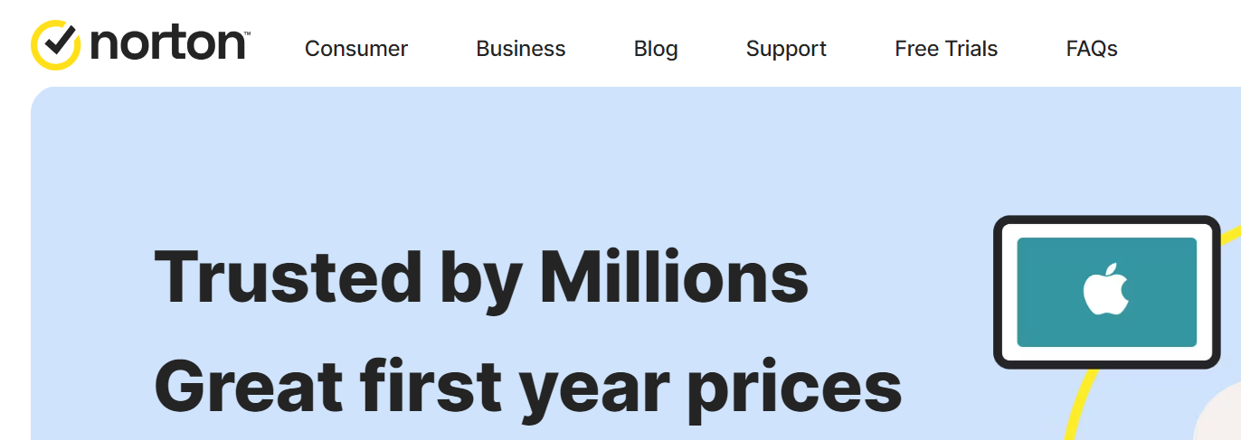 Screenshot where Norton promotes that theiy they have 'great first year prices'