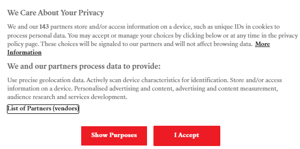 Cookie permission message shown when visiting Teen Vogue