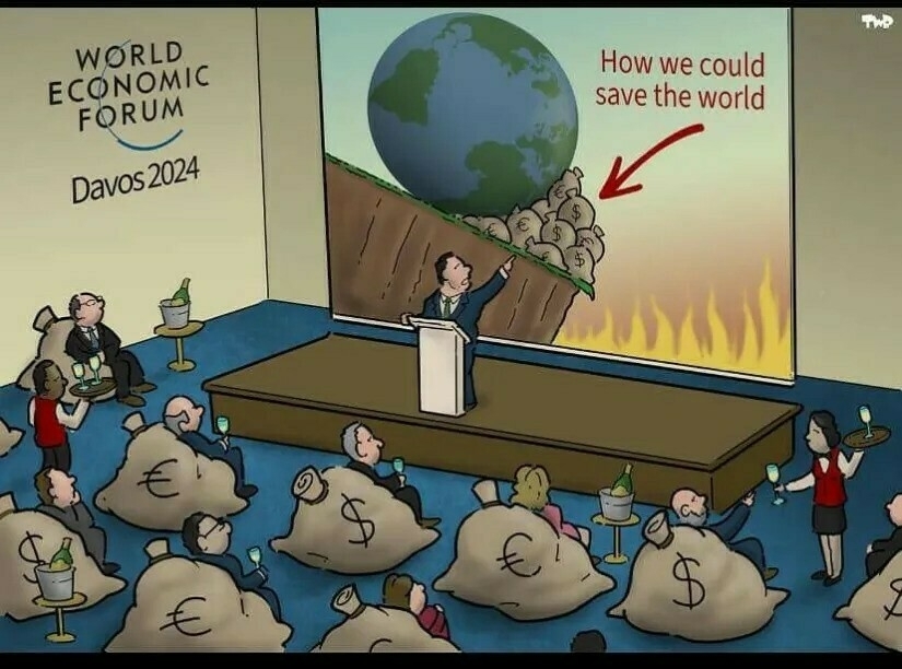 Cartoon of the Davos 2024 meeting suggesting that we could save the world if the rich attendees would spend their money to do so