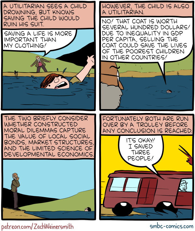 Comic strip where a man hesitates to save a drowning child due to the cost of his coat, and both he and the child, also a utilitarian, end up being run over by a trolley while considering economic ethics.