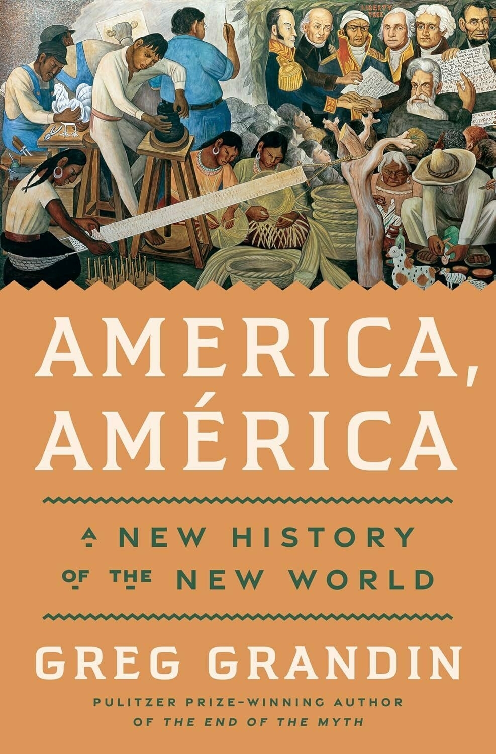 Auto-generated description: A book cover featuring a vibrant mural-style artwork depicting figures engaged in various activities, with the title AMERICA, AMÉRICA: A New History of the New World by Greg Grandin.