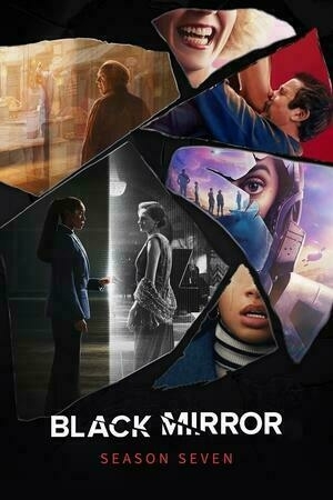 Auto-generated description: A collage of fragmented scenes and characters is arranged around the title Black Mirror Season Seven.