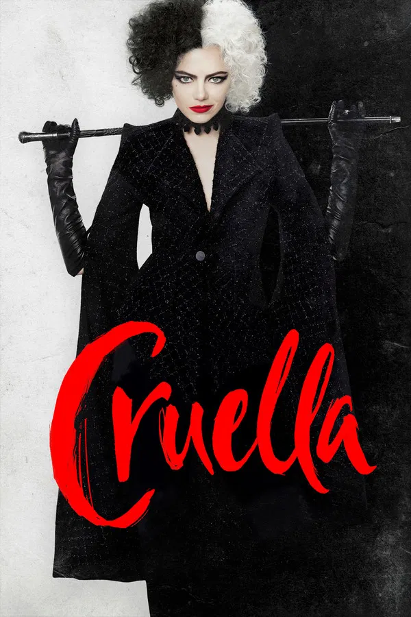 Auto-generated description: A character with striking black and white hair and red lipstick stands confidently holding a cane, with the word Cruella in bold red letters across the poster.