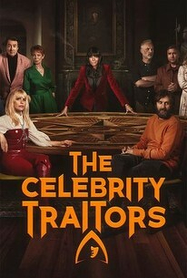 Auto-generated description: A group of people is gathered around a large circular table beneath the text The Celebrity Traitors.