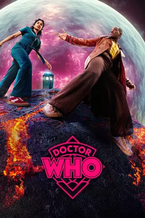 Auto-generated description: Two people stand on a rocky, lava-covered terrain with a glowing planet in the background and the Doctor Who logo at the bottom.