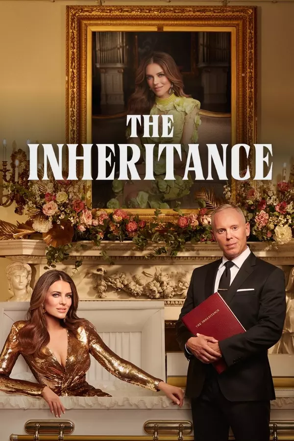 Auto-generated description: Two elegantly dressed individuals are posed in front of a luxurious fireplace, with a large portrait above them and the title The Inheritance prominently displayed.