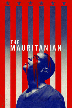 Auto-generated description: A blue-toned person looks upward against a background of red and white vertical stripes with stars and the text The Mauritanian.