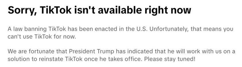 Auto-generated description: A notification indicates that TikTok is currently unavailable due to a U.S. law banning it, with a note about President Trump's potential involvement in finding a solution.