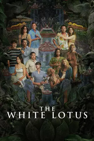 Auto-generated description: A group of people is posed around a tropical-themed setting, with ornate details and the title The White Lotus at the bottom.
