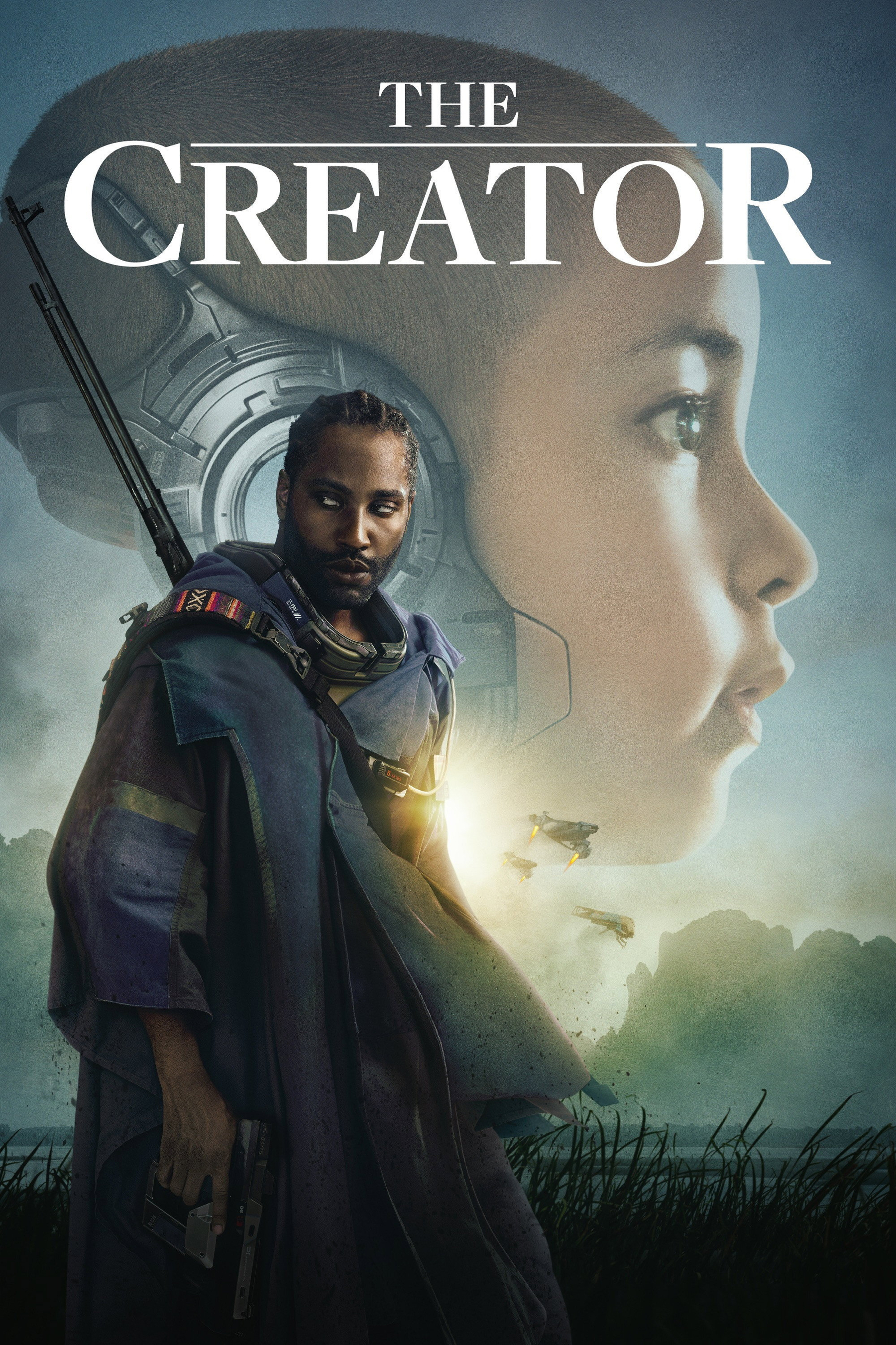 A man holding a gun stands in front of a large profile of a child's face with mechanical elements and flying drones in the background, under the film's title 'The Creator'