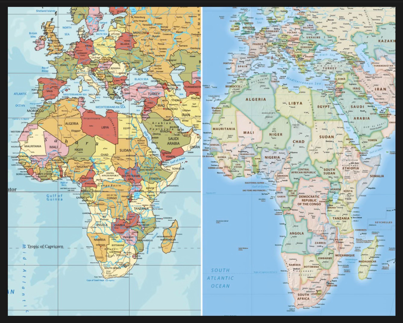 Two side-by-side maps show Africa and parts of Europe, the Middle East, and Asia, comparing today's Mercator projection to the newly proposed one.