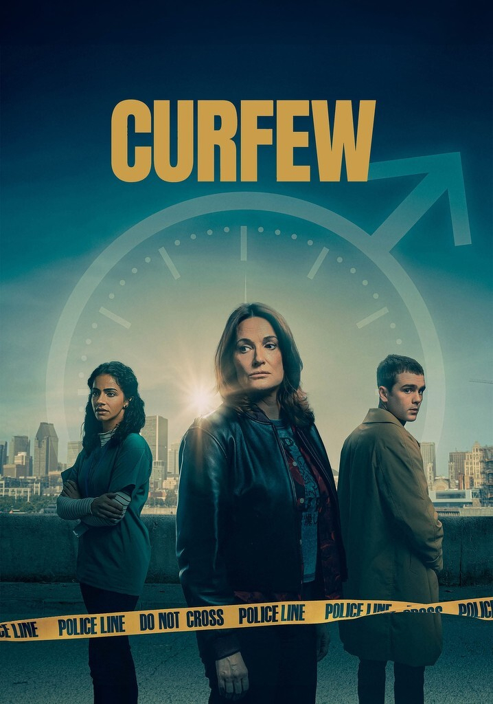Auto-generated description: Three people are standing in front of a city skyline with a large clock and the word Curfew above them, behind a Police Line Do Not Cross tape.