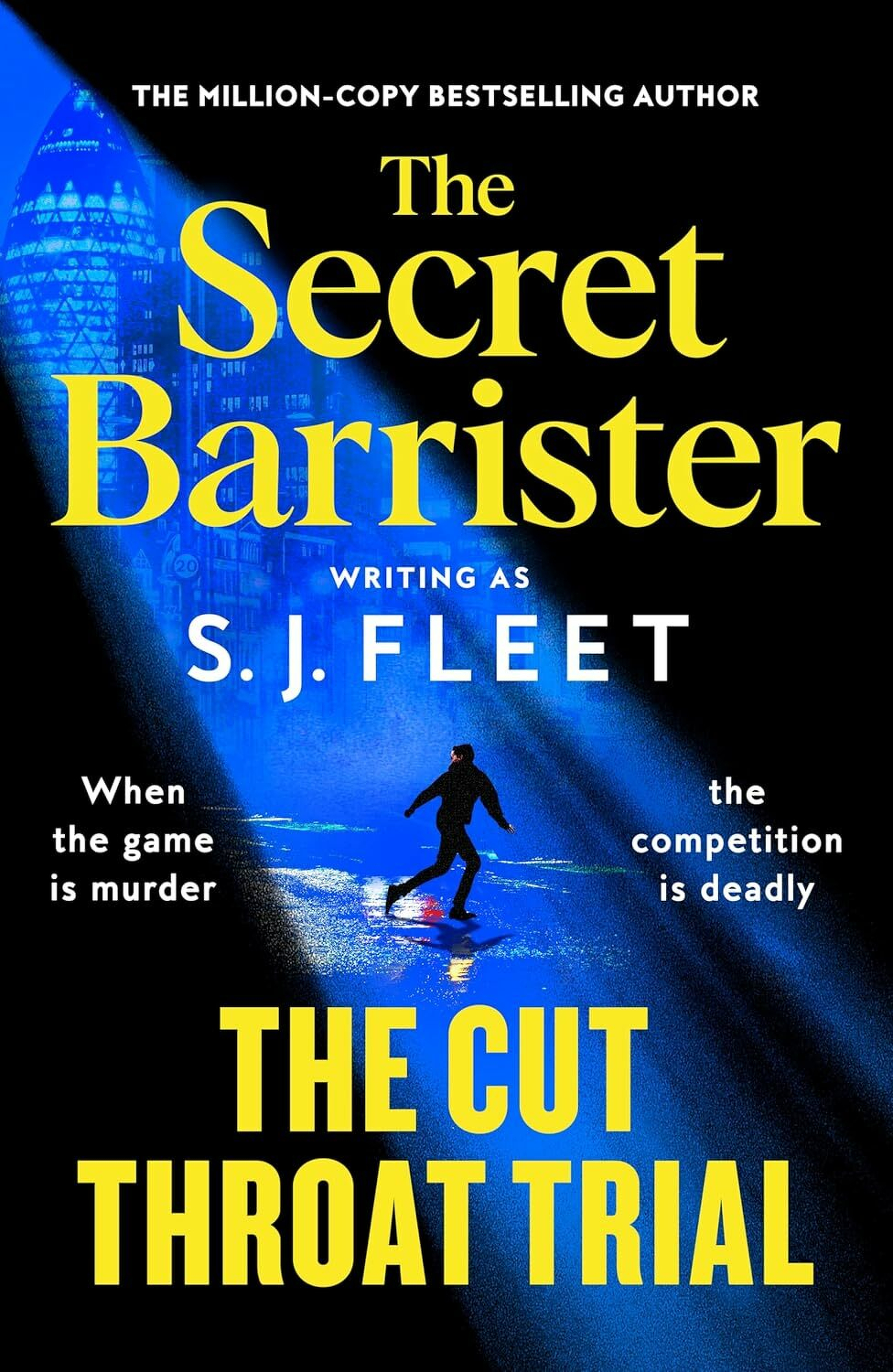 Auto-generated description: A shadowy figure walks purposefully on a rain-soaked street, illuminated by blue lights, with bold text highlighting The Secret Barrister and The Cut Throat Trial.