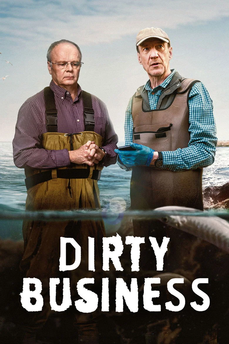 Auto-generated description: Two men in work attire stand by a body of water with the text Dirty Business below them.