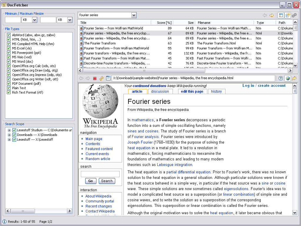 The software interface of DocFetcher is displayed with a Wikipedia page about Fourier series and a list of document search results on the left.