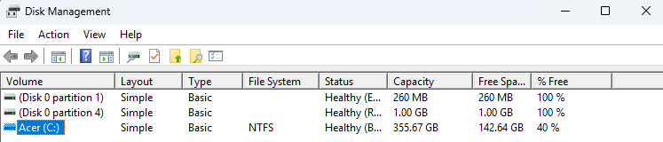 Auto-generated description: Disk Management window displays two partitions on Disk 0, both with a capacity of 260 MB and 1.00 GB respectively, and one partition on Disk 1 with a capacity of 355.67 GB, all marked as healthy.