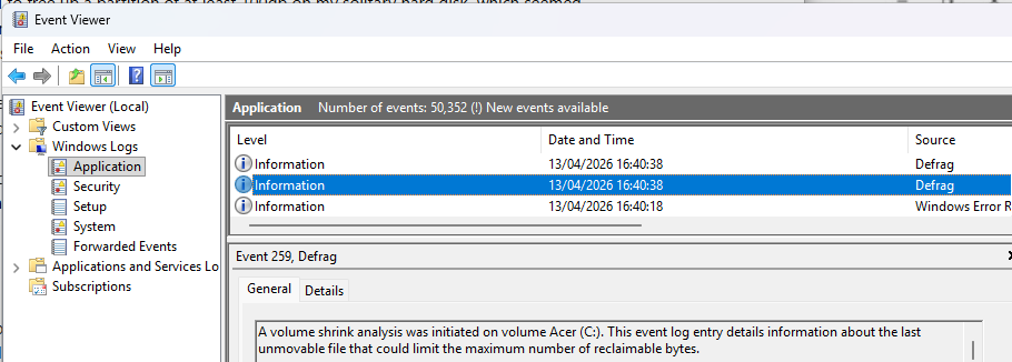 Auto-generated description: A screenshot of the Windows Event Viewer displays application event logs, including information about a disk defragmentation process.