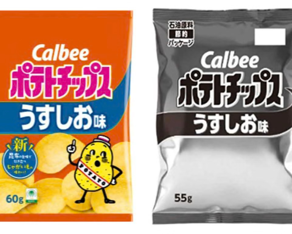 Auto-generated description: Two packages of Calbee potato chips are displayed, one brightly colored with a character design and the other in monochrome with a label indicating less packaging.