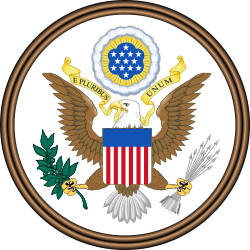 Auto-generated description: An eagle with a shield and olive branch on one side and arrows on the other is depicted in the Great Seal of the United States.