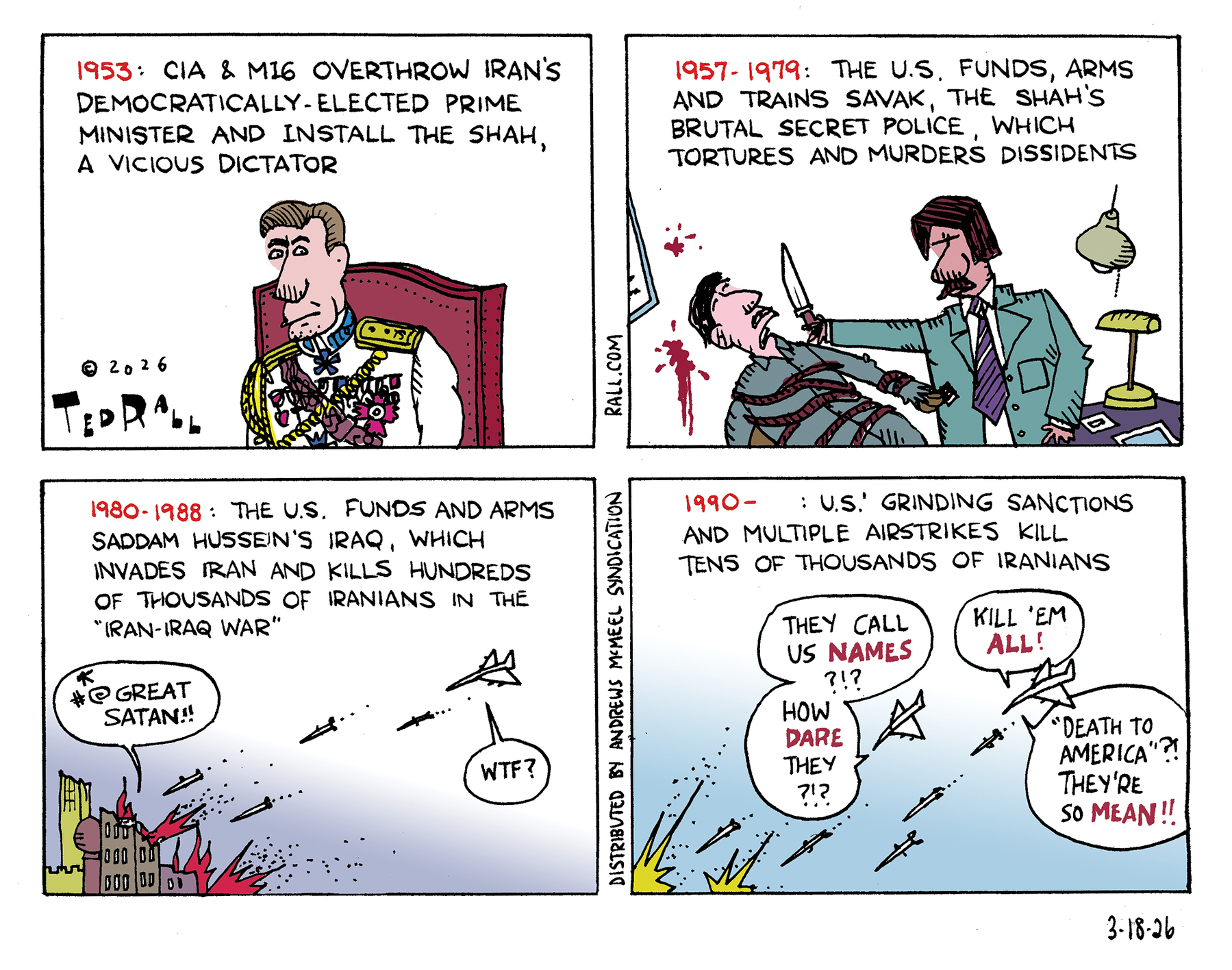 Auto-generated description: A political cartoon depicts the United States' historical involvement in Iran and Iraq, highlighting events such as the 1953 coup, funding of SAVAK, and the Iran-Iraq War, culminating in military actions in the 1990s.