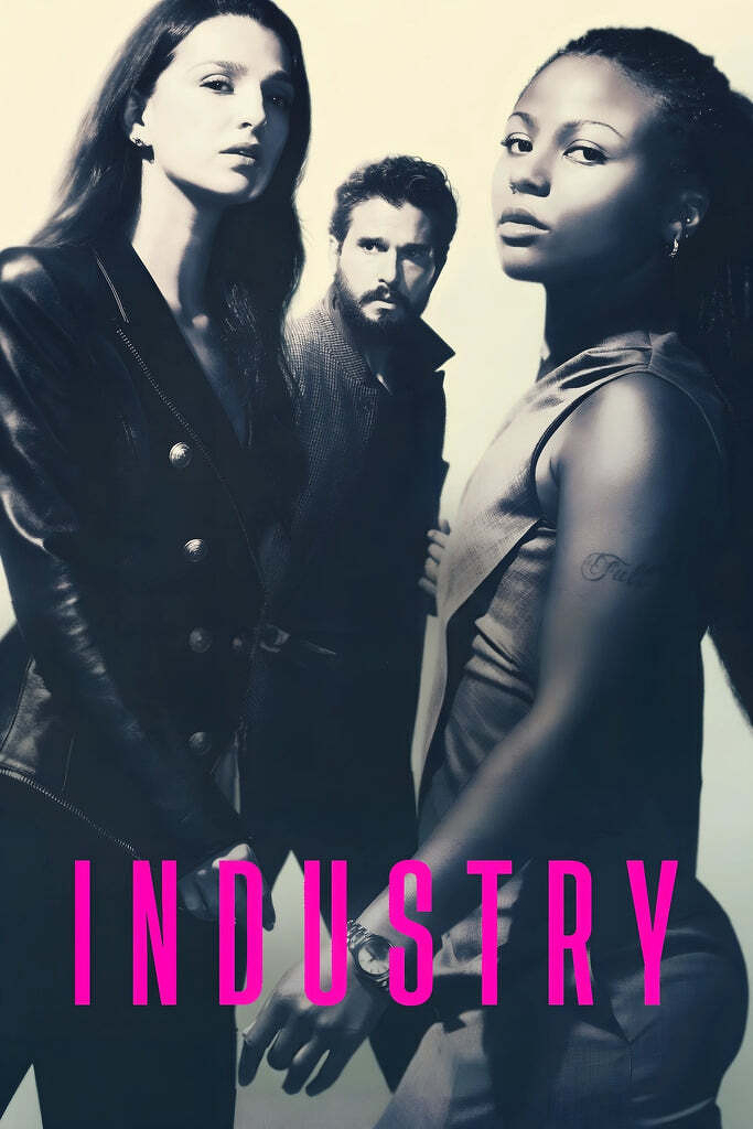 Three serious-looking individuals posed closely together with the word INDUSTRY displayed prominently in bold pink letters at the bottom.