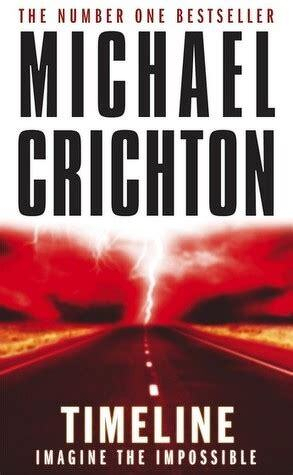 A dramatic road scene under a stormy sky with lightning is featured on the book cover of Timeline by Michael Crichton, labeled as a number one bestseller.
