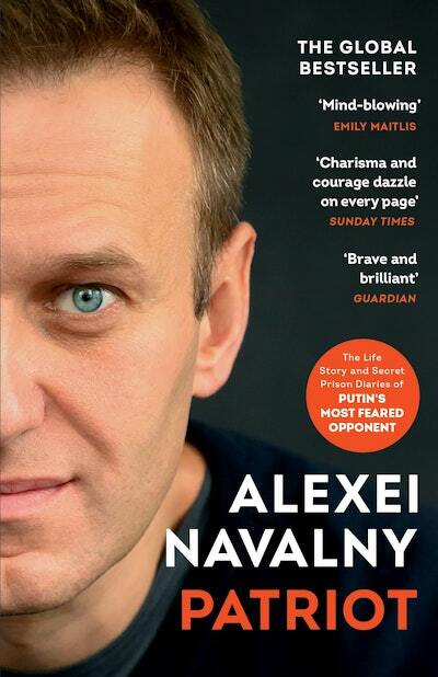 A close-up portrait of Alexei Navalny is featured alongside the title Patriot and various endorsements describing the book as a global bestseller about his life story and secret prison diaries.