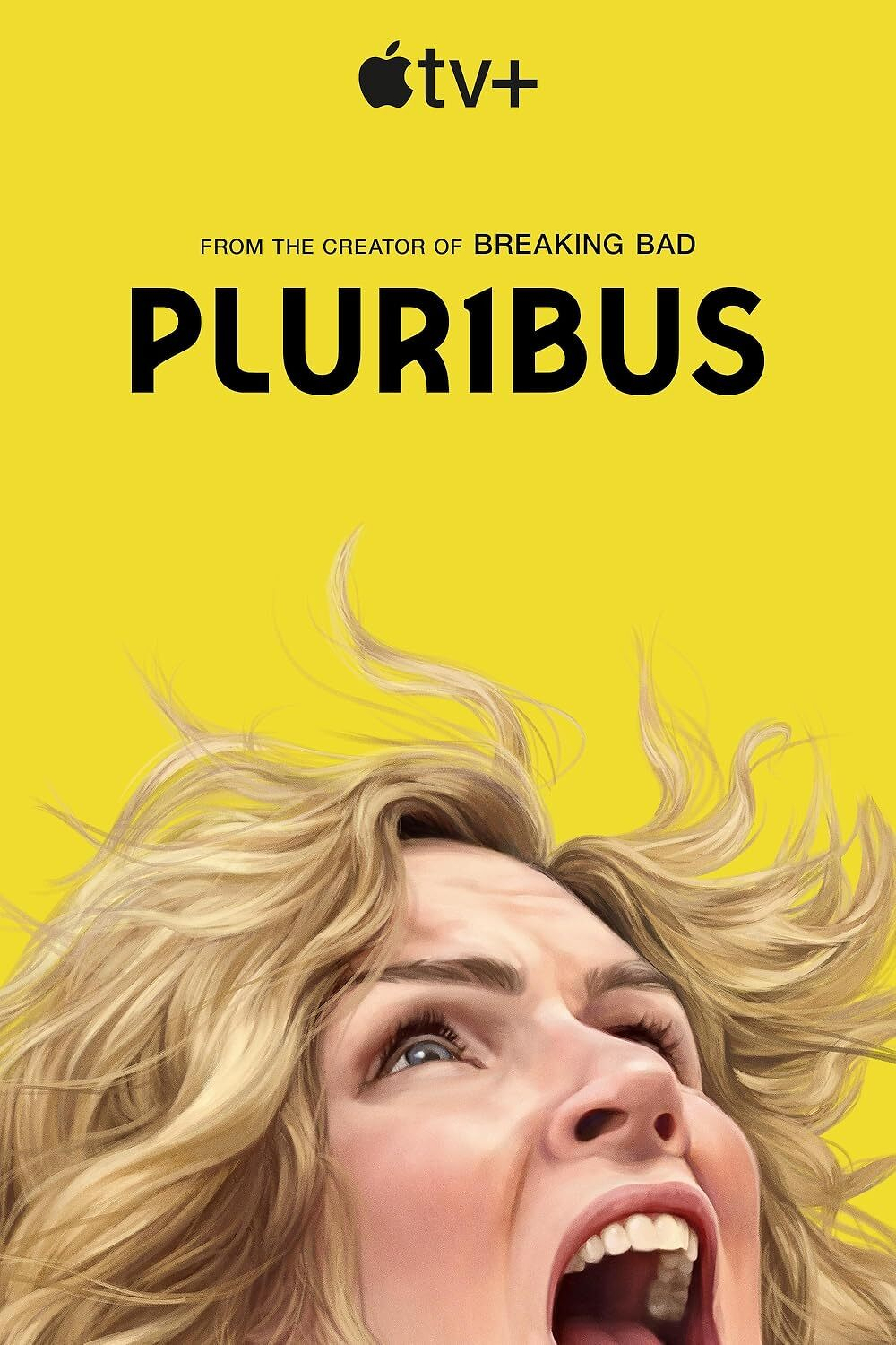 Auto-generated description: A dramatic poster features a woman with an intense expression, set against a bright yellow background, promoting the show Pluribus with a note relating to the creator of Breaking Bad.