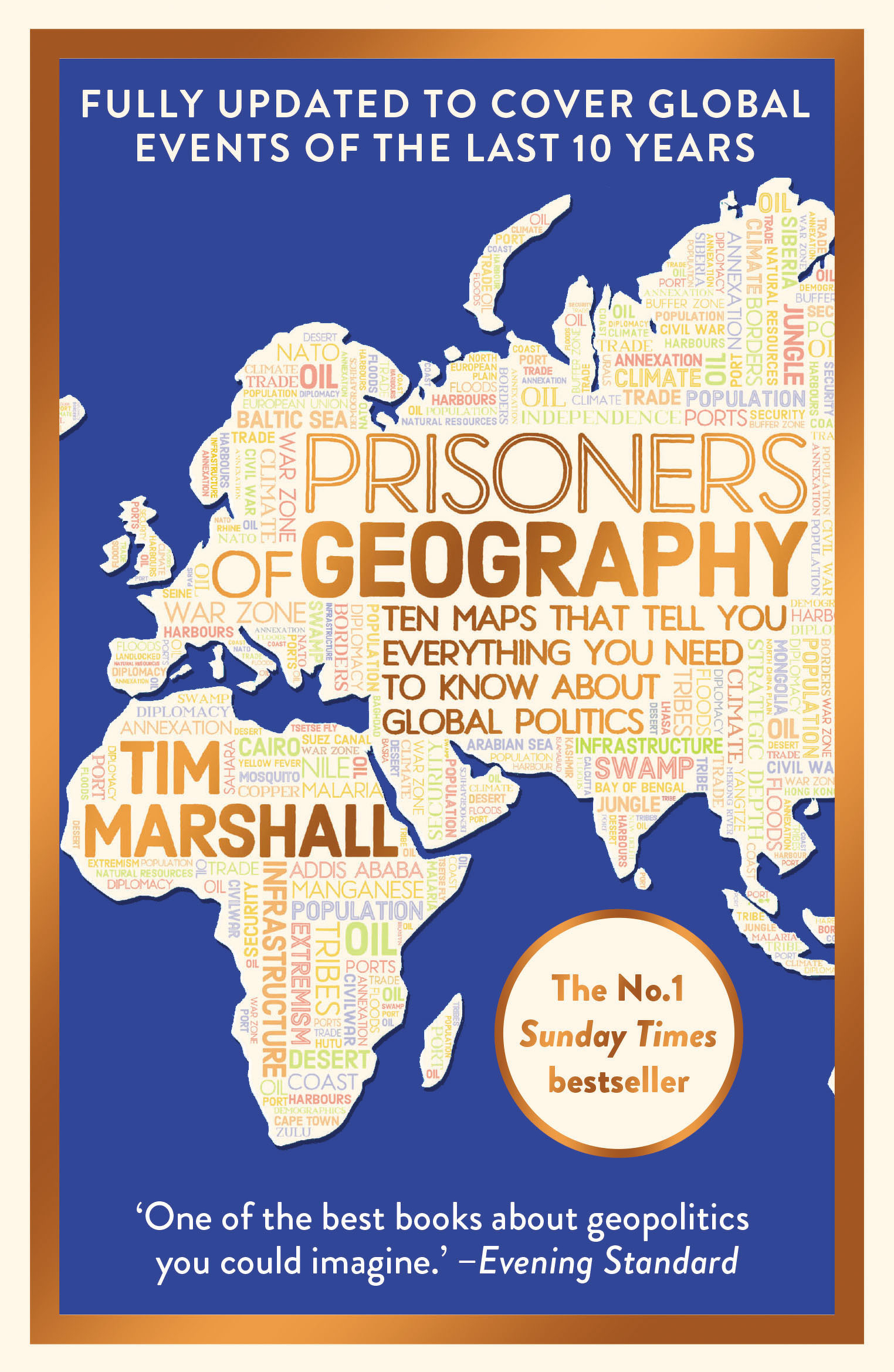 Auto-generated description: A book cover for Prisoners of Geography by Tim Marshall features a world map created with various geopolitical terms and phrases.