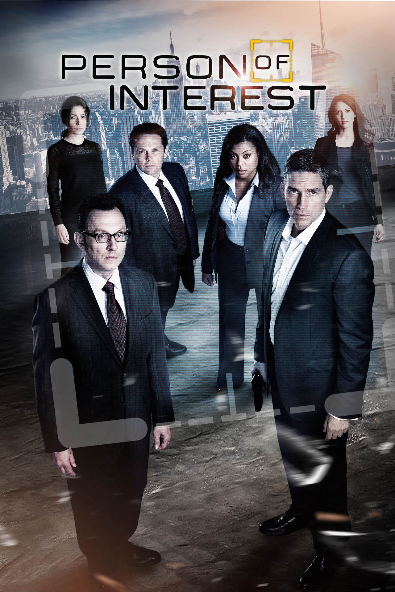 A group of six professionally dressed individuals is standing in a cityscape background with the title Person of Interest prominently displayed above them.