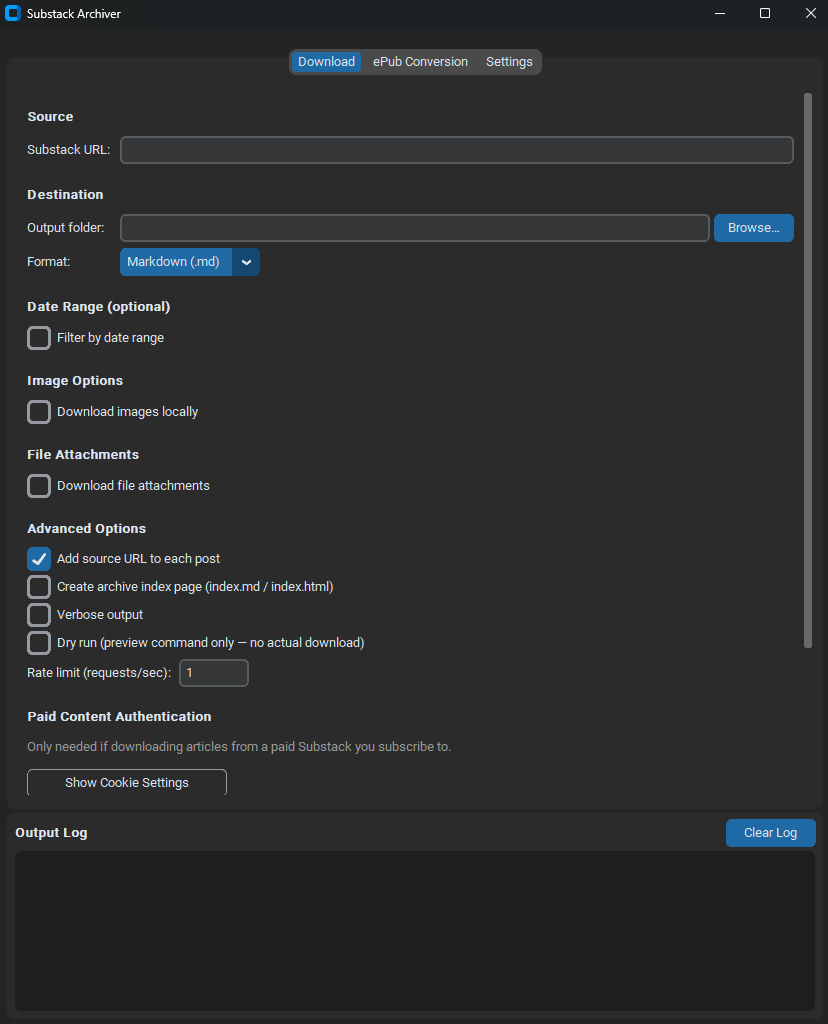 Auto-generated description: A software interface of Substack Archiver is displayed, showing options for downloading and converting content, as well as settings for advanced options and output logs.