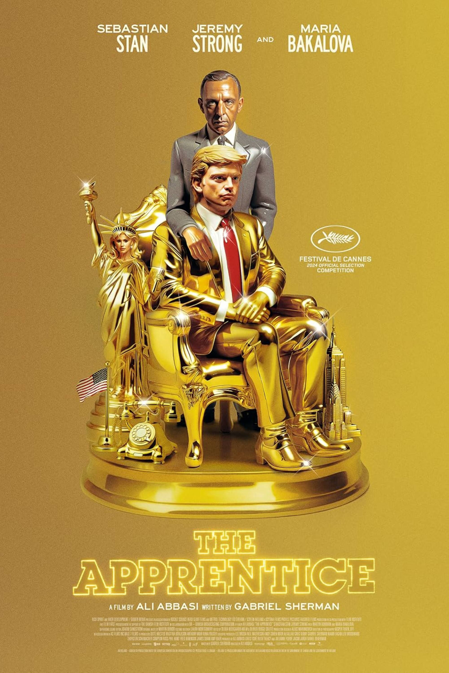 A golden statue-like depiction features two men, one standing behind and resting a hand on the shoulder of the other who is seated on an ornate throne surrounded by miniature landmarks and objects, with the title The Apprentice and the names Sebastian Stan, Jeremy Strong, and Maria Bakalova displayed above.