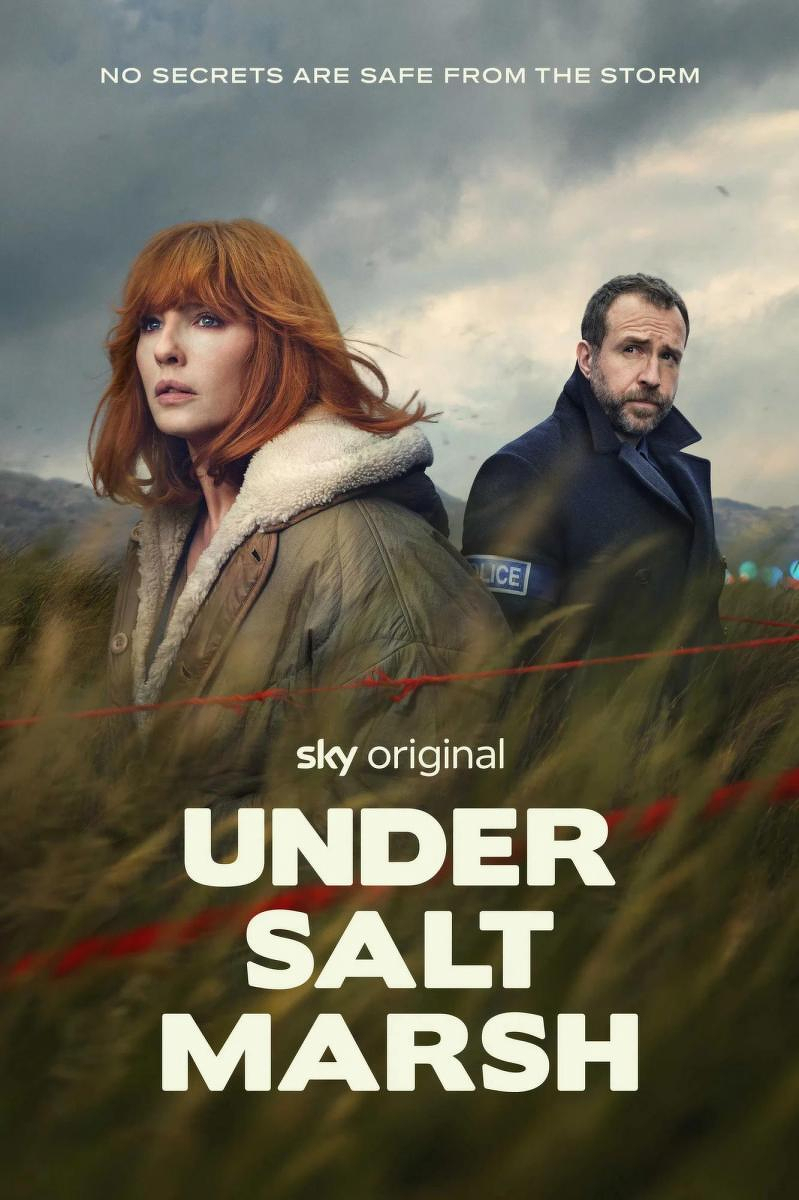 A woman with red hair and a man wearing a police coat stand in a stormy marshland with the tagline No secrets are safe from the storm above them.