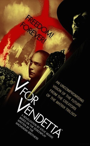 Auto-generated description: A movie poster for V for Vendetta features a masked figure, a woman, and a large crowd with bold text reading FREEDOM! FOREVER!